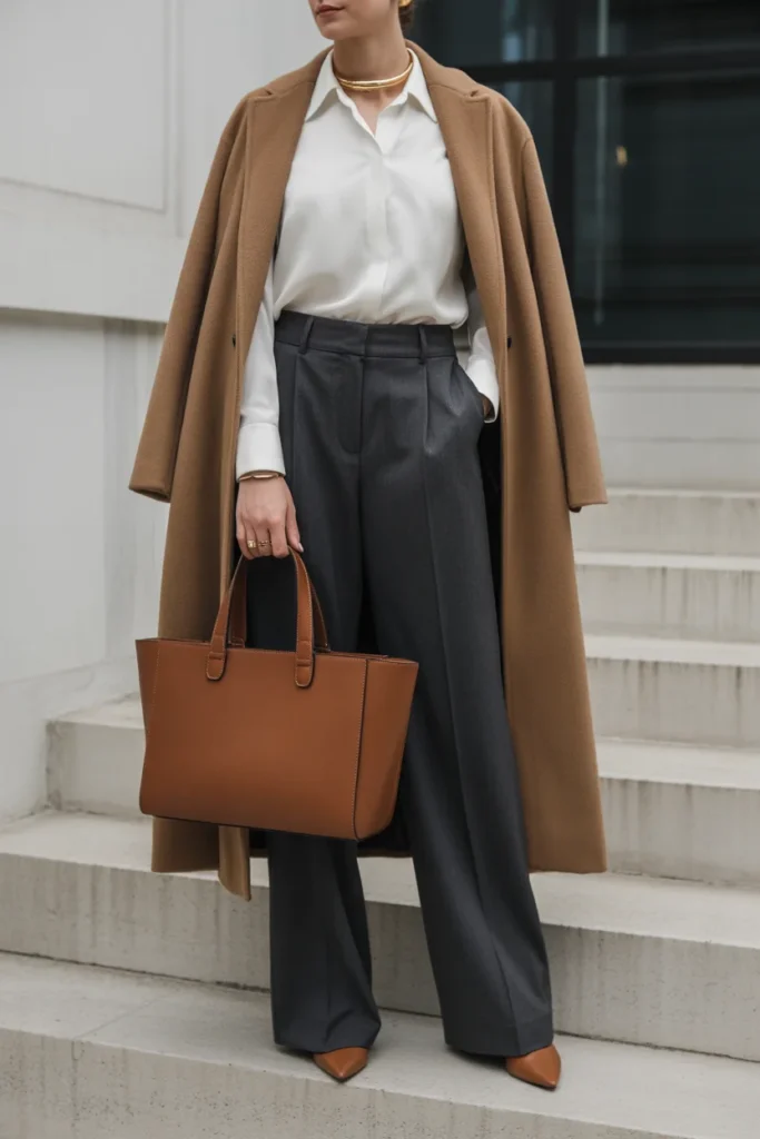 Classic Camel Coat with Wide-Leg Trousers