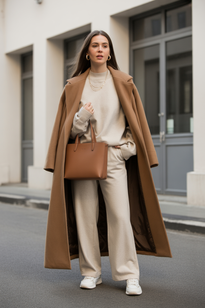 1. Oversized Camel Coat with Knit Set