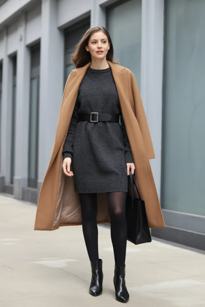 Belted Sweater Dress with Tights and Booties