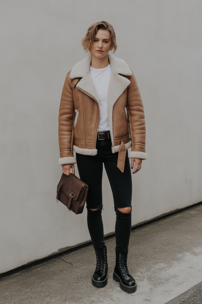 10. Shearling Jacket with Black Skinny Jeans