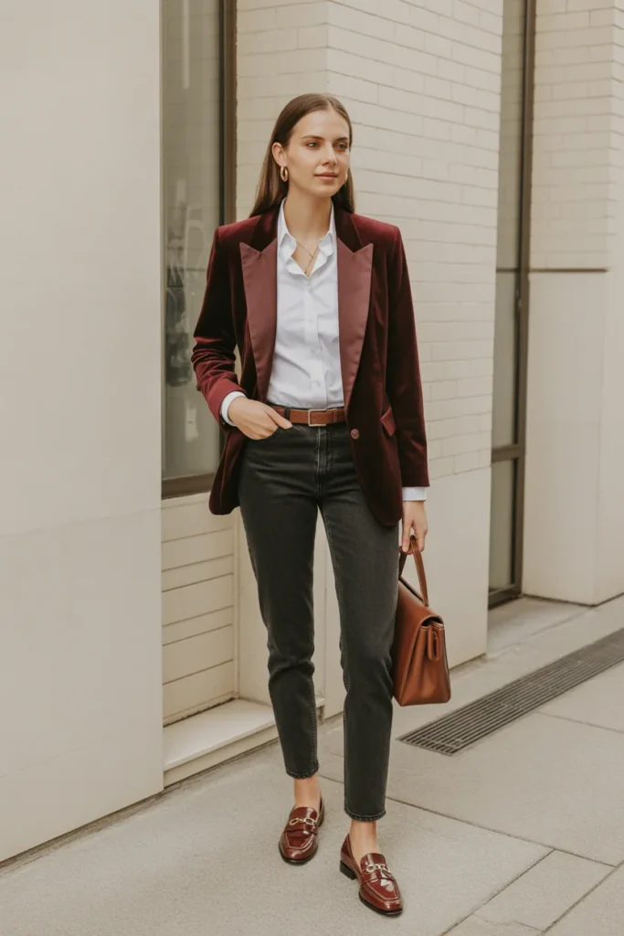 Burgundy Blazer with White Shirt and Jeans