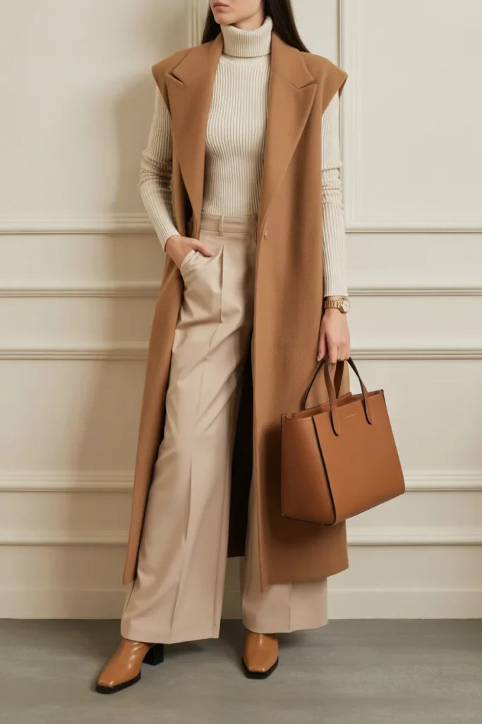  Layered Neutrals with Long Vest