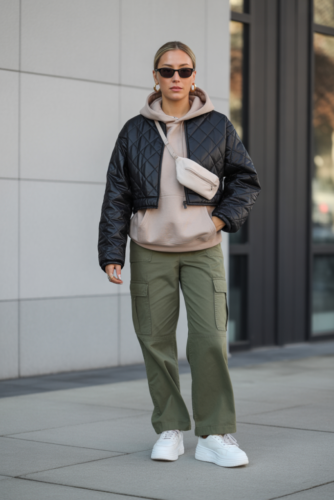 12. Quilted Jacket with Hoodie and Cargo Pants