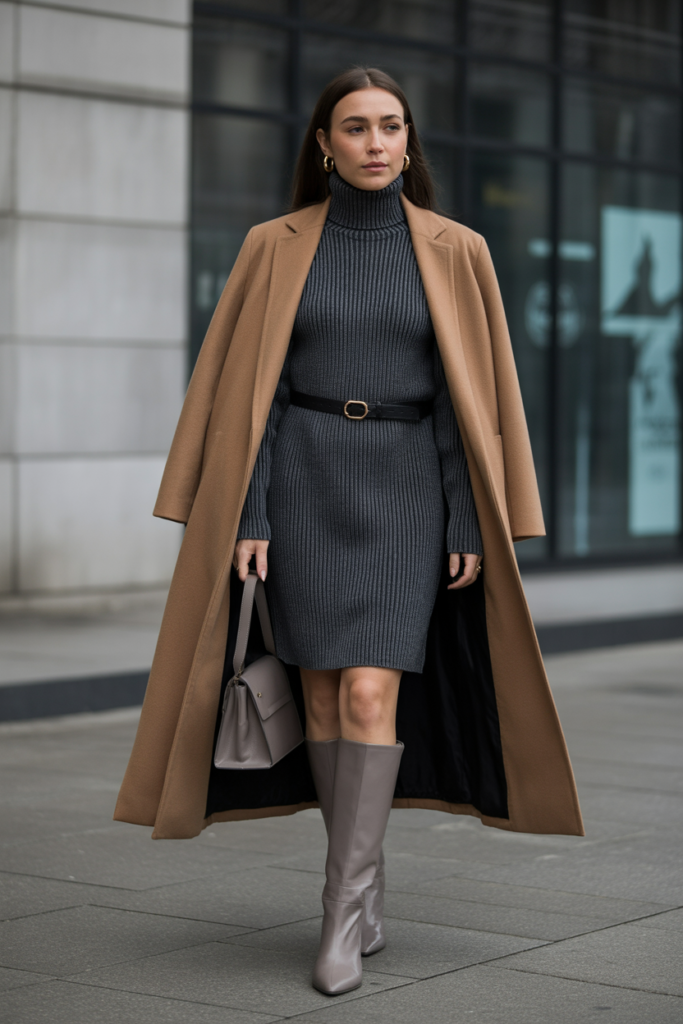 13. Turtleneck Dress with Knee-High Boots