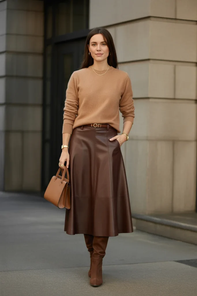 Camel Sweater with Leather Midi Skirt