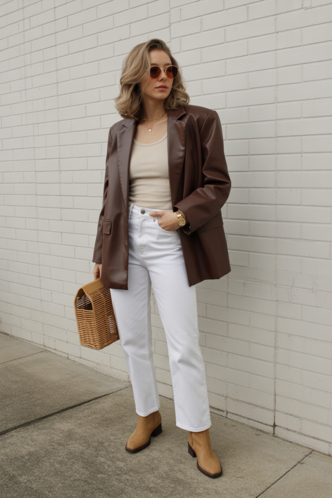 14. Faux Leather Blazer with White Jeans