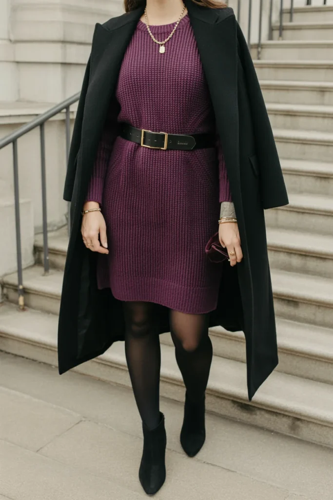 Plum Sweater Dress with Statement Belt