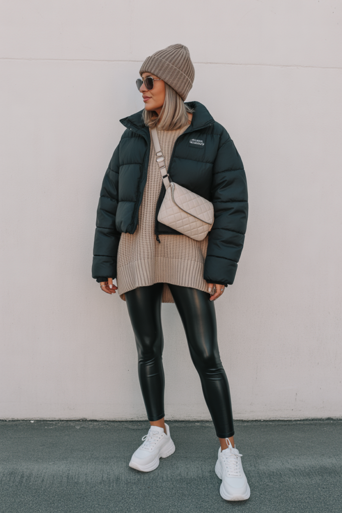 17. Puffer Jacket with Leggings and Oversized Sweater