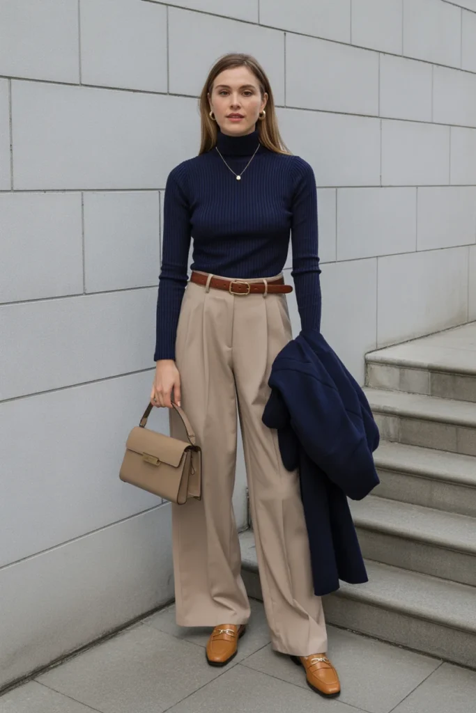  Navy Turtleneck with Beige Wide-Leg Pants