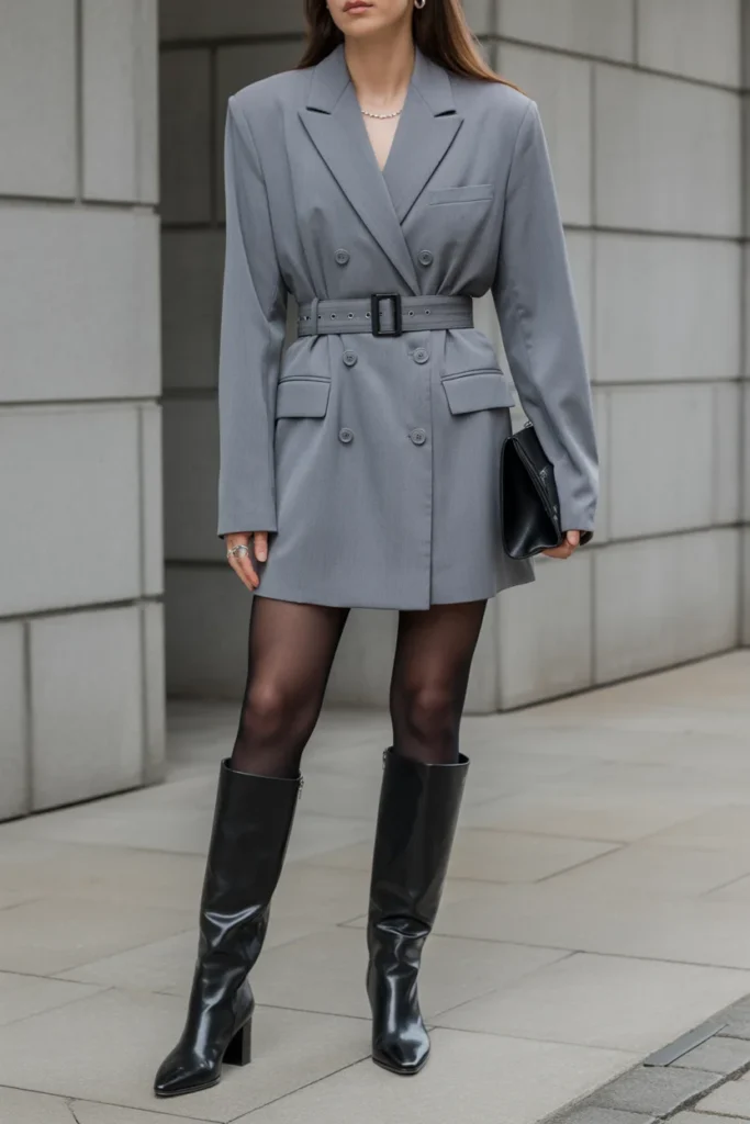 Grey Blazer Dress with Knee Boots
