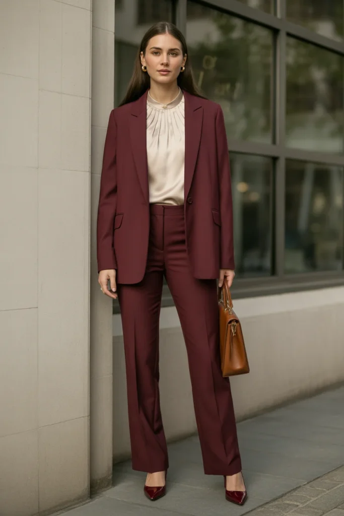 Burgundy Pants Suit with Cream Blouse