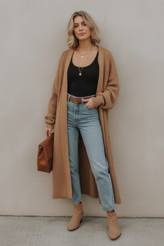 20. Longline Cardigan with Bodysuit and Jeans