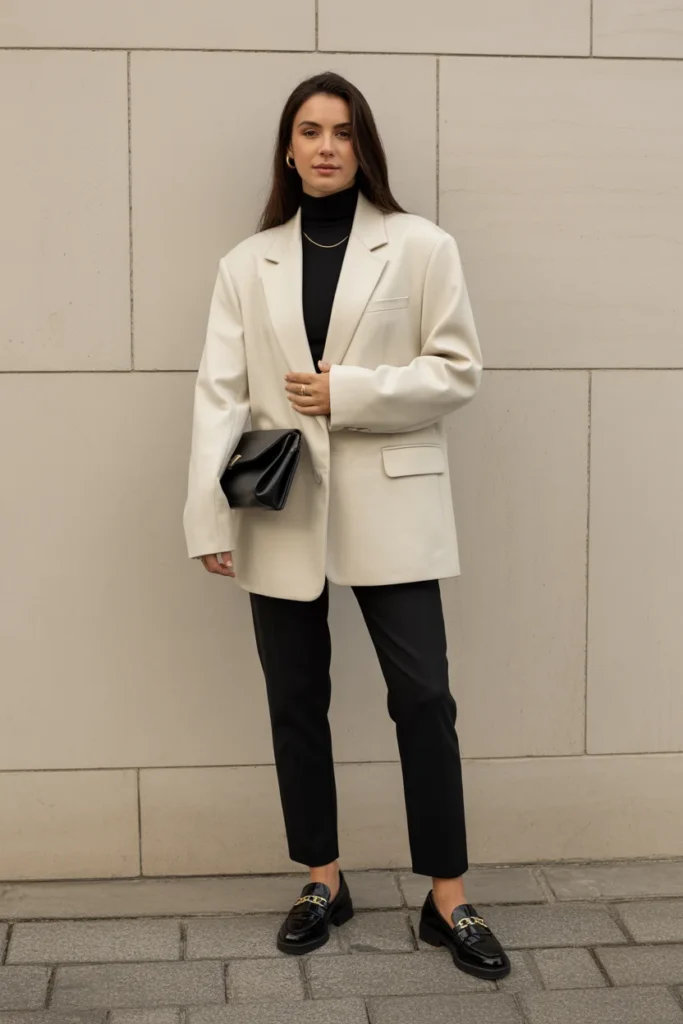  Oversized Cream Blazer with Black Turtleneck