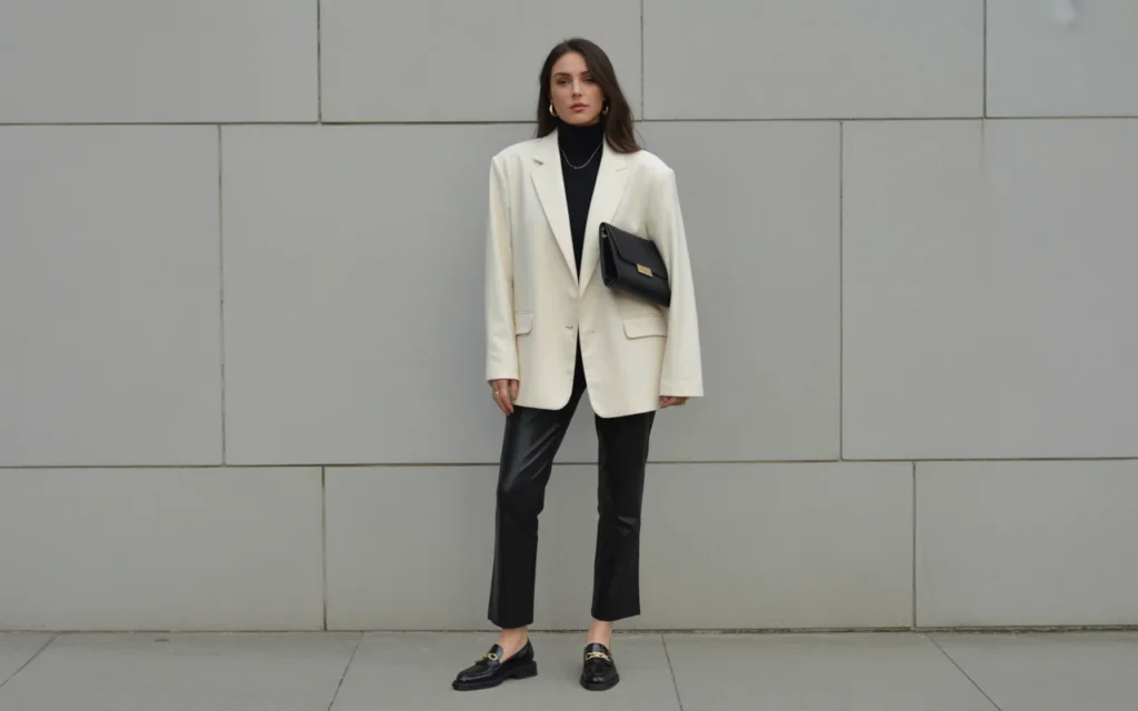 24 Winter Office Outfits for Work 2026 Chic Women Ideas Oversized Cream Blazer with Black Turtleneck