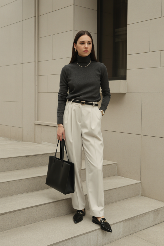 23. Wool Turtleneck with Pleated Trousers