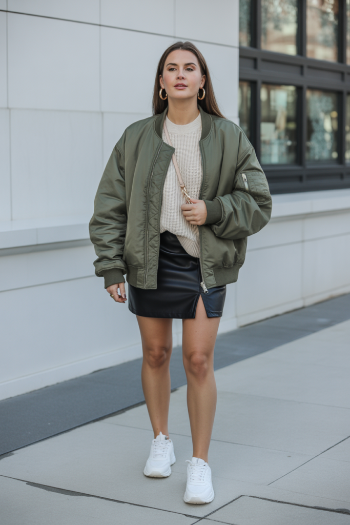24. Bomber Jacket with Sweater and Leather Skirt