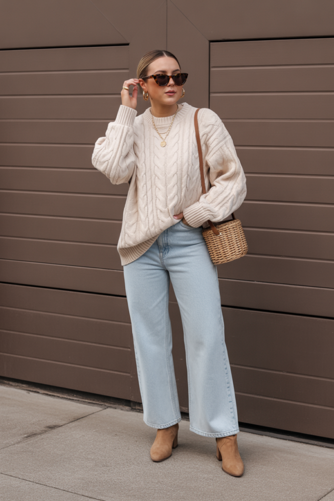 3. Chunky Cable Knit Sweater with Wide-Leg Jeans