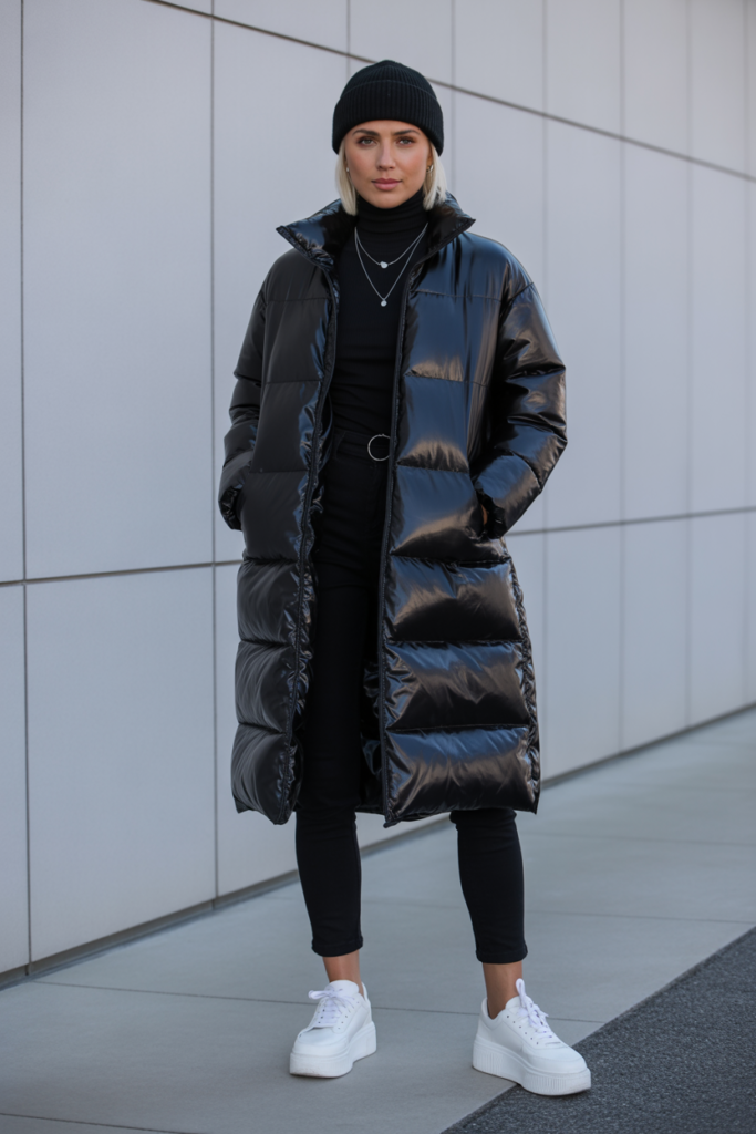 4. Long Puffer Coat with Monochrome Layers