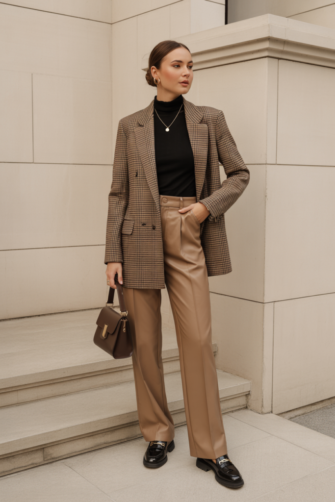 5. Plaid Blazer with Turtleneck and Trousers