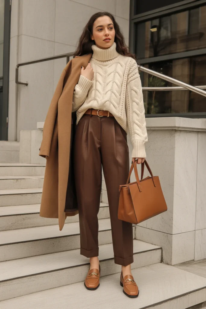 Cream Turtleneck with Chocolate Brown Trousers