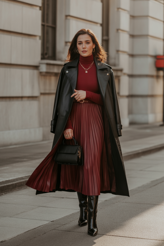 7. Leather Trench Coat with Midi Dress