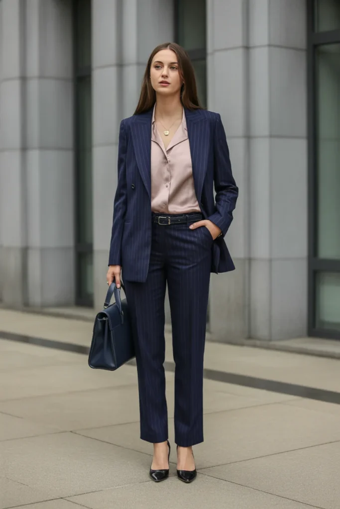  Pinstripe Suit with Blush Pink Blouse