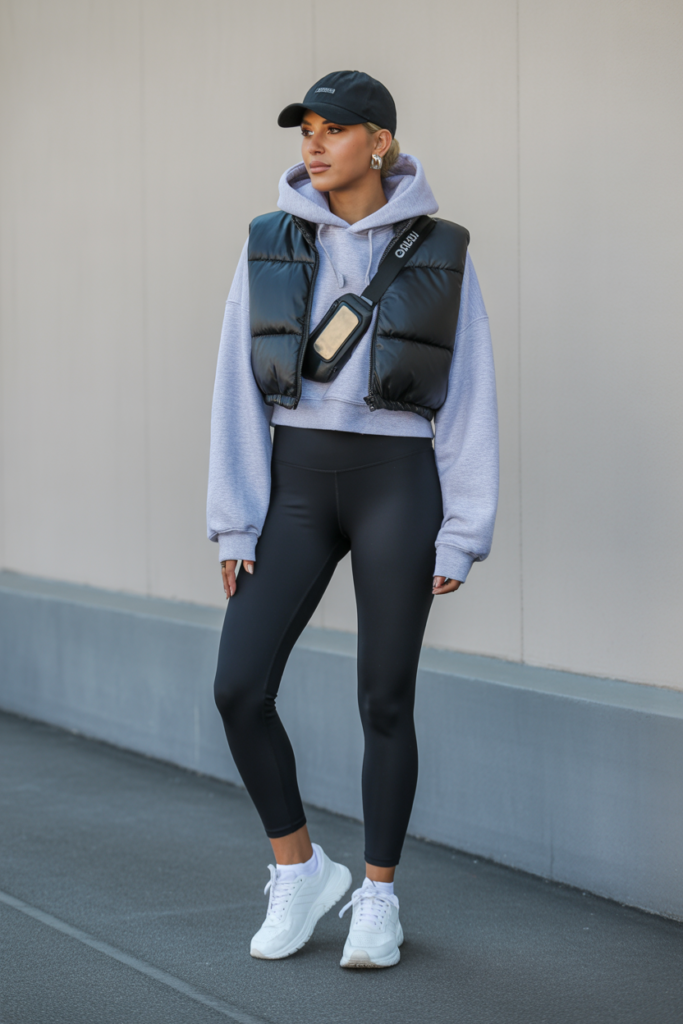 8. Puffer Vest over Hoodie with Leggings