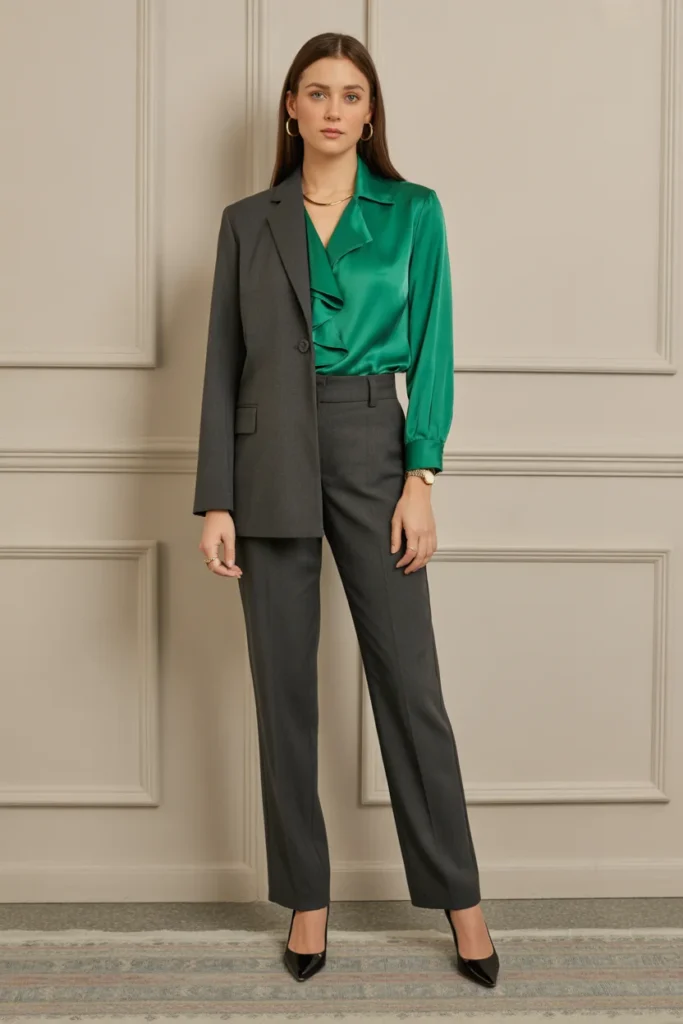  Emerald Green Blouse with Grey Suit