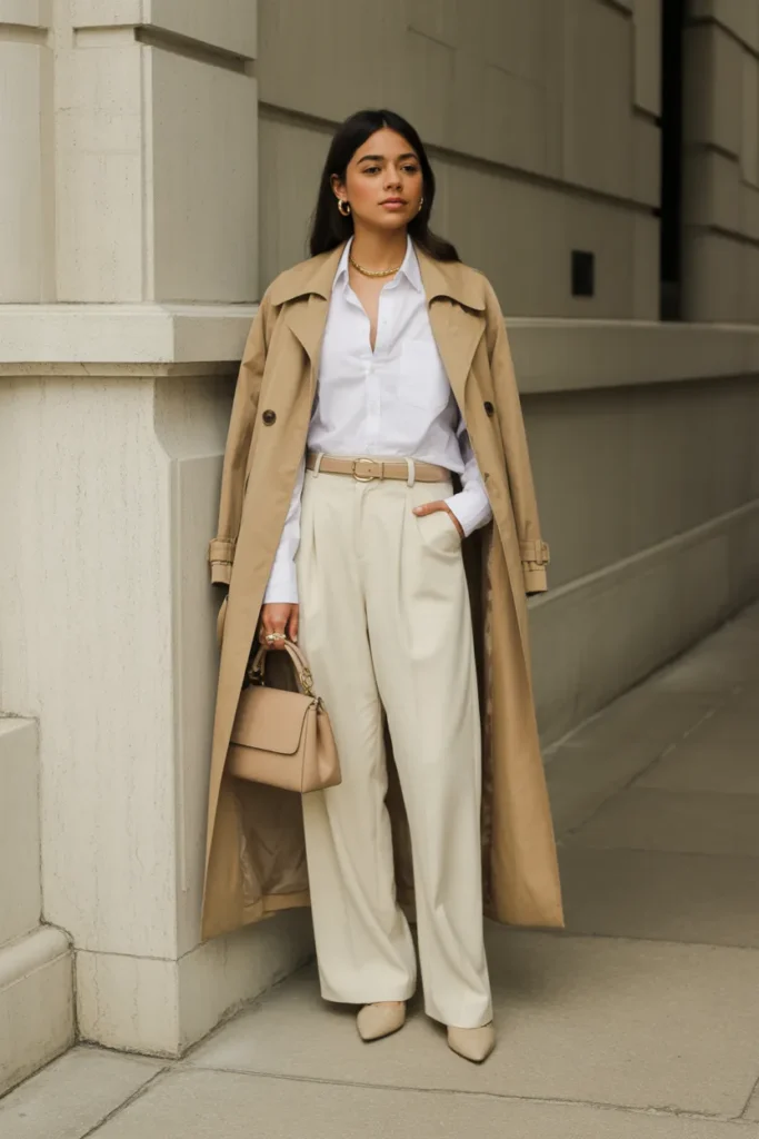 Beige Trench Coat Over Neutral Basics