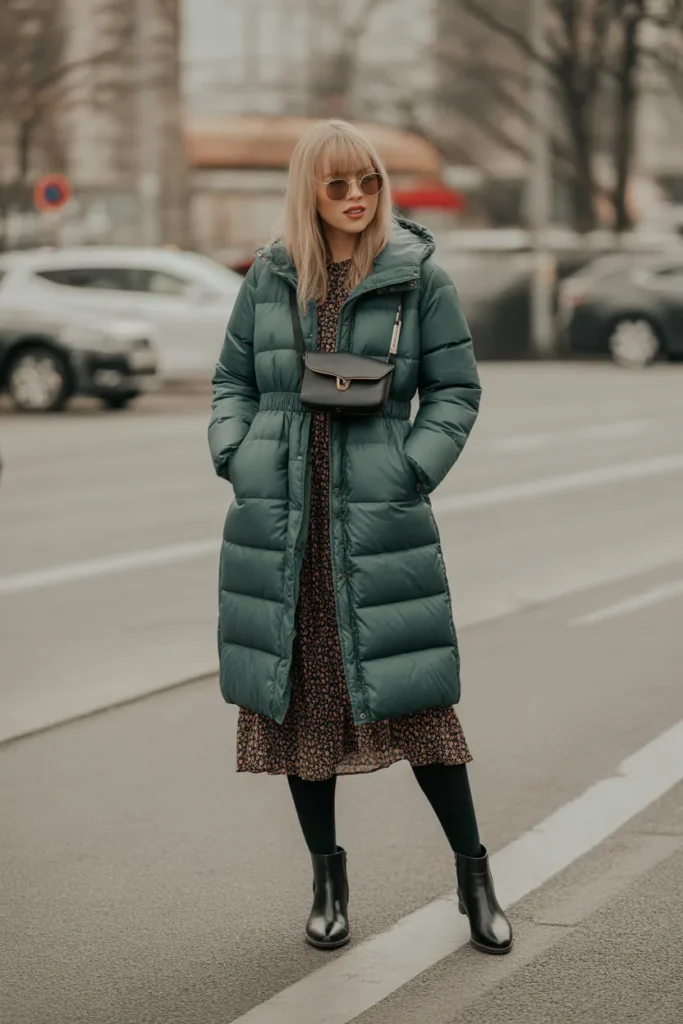Belted Puffer with Dress and Tights