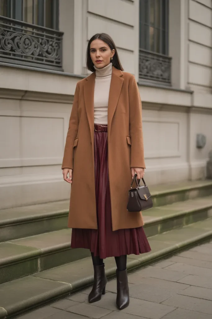  Belted Wool Coat with Midi Skirt