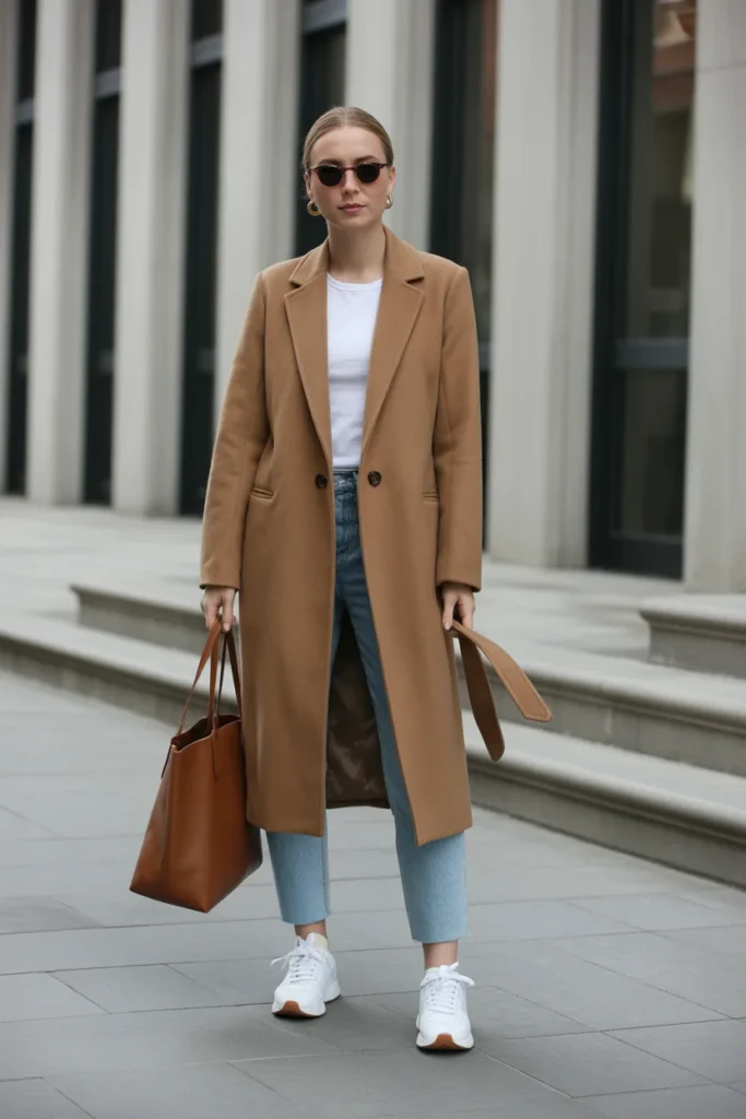 Belted Wool Coat with Sneakers