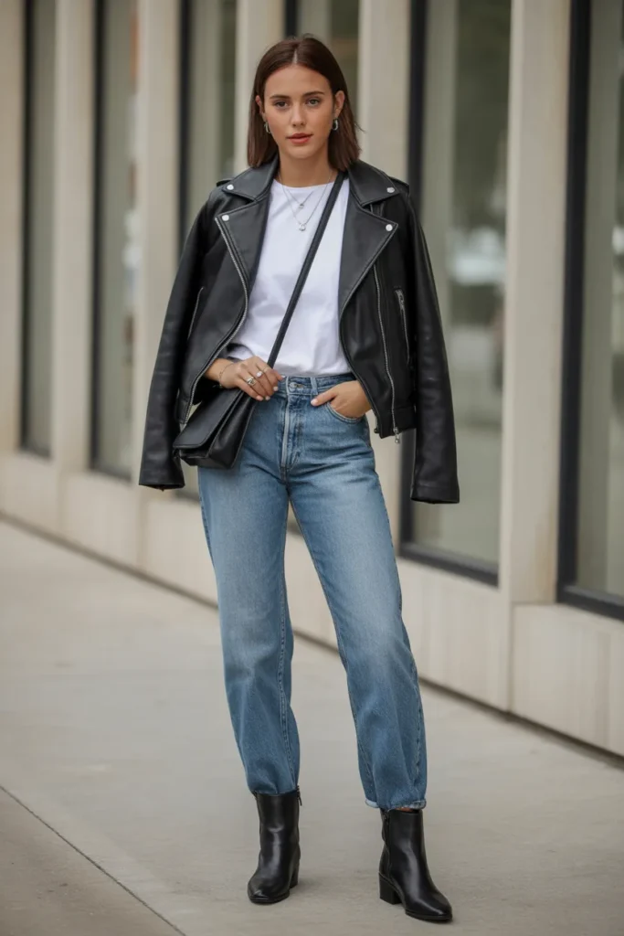 Black Leather Jacket and Jeans