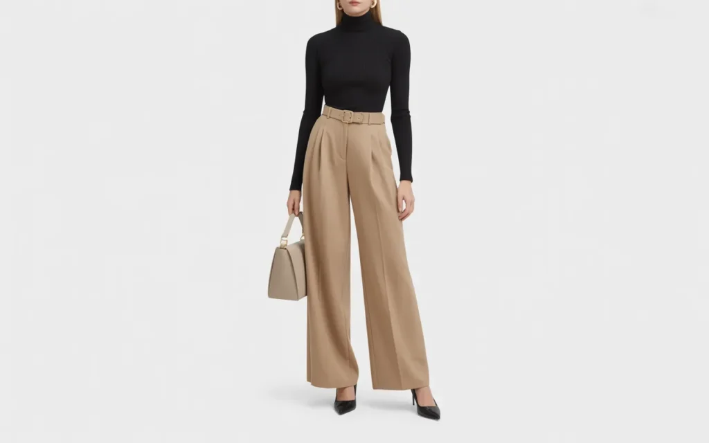 24 Basic Outfits Ideas for Women 2026 Minimalist Chic Black Turtleneck and Beige Trousers