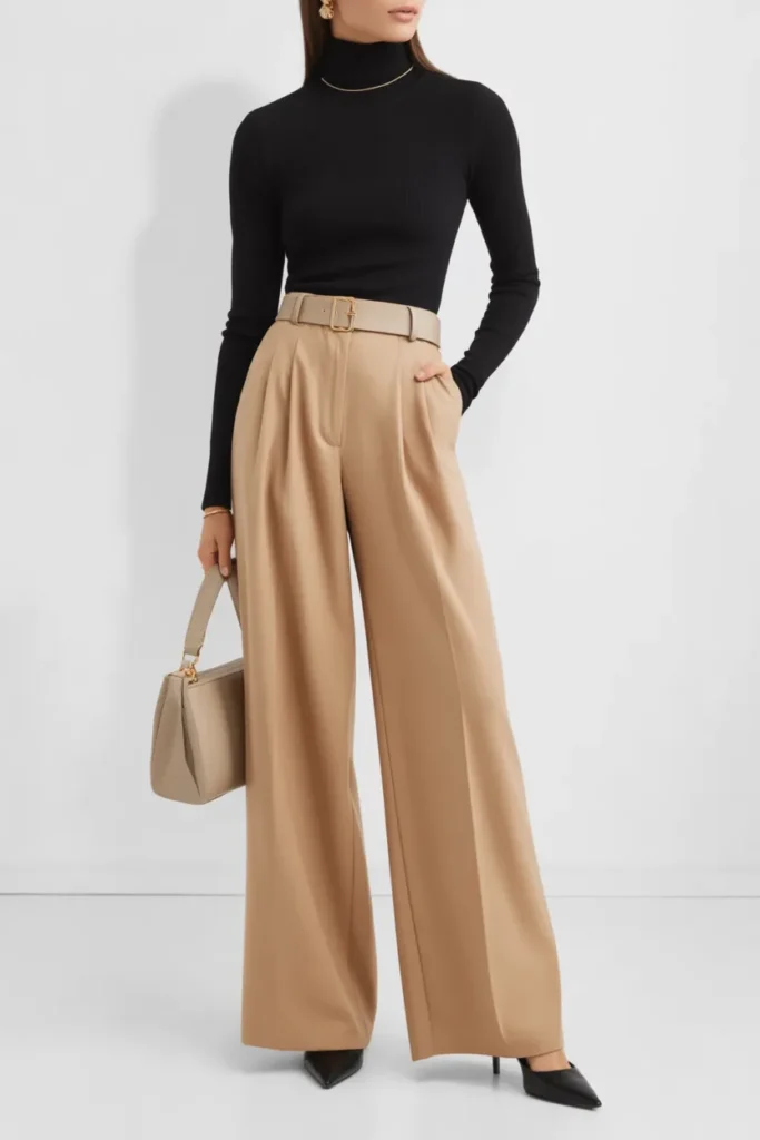 Black Turtleneck and Beige Trousers