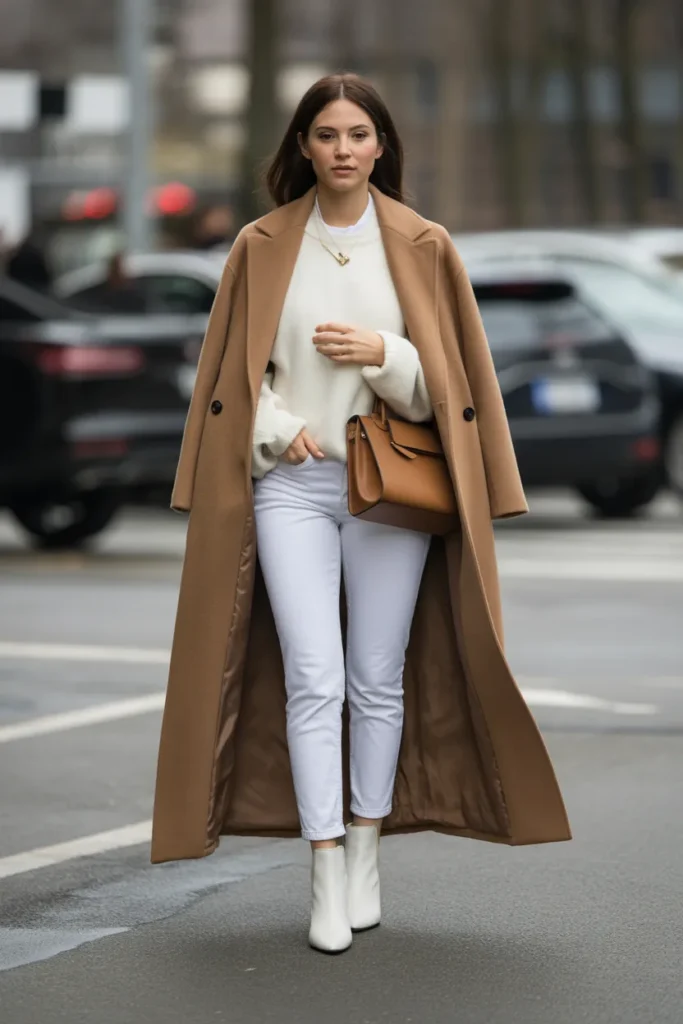 Camel Coat Over All-White