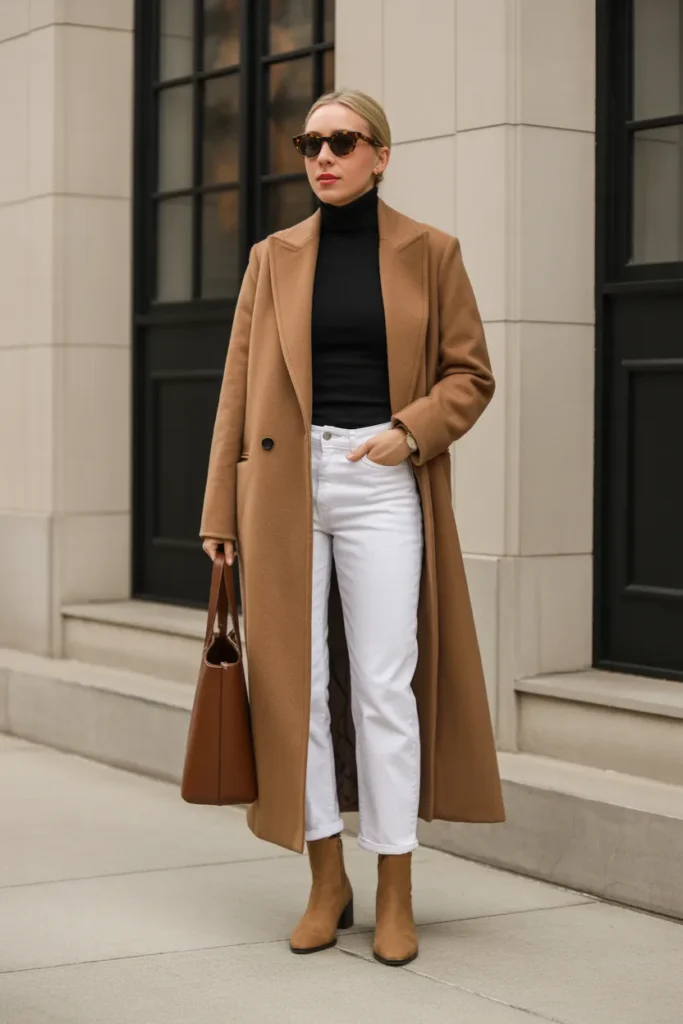 Camel Coat and White Jeans