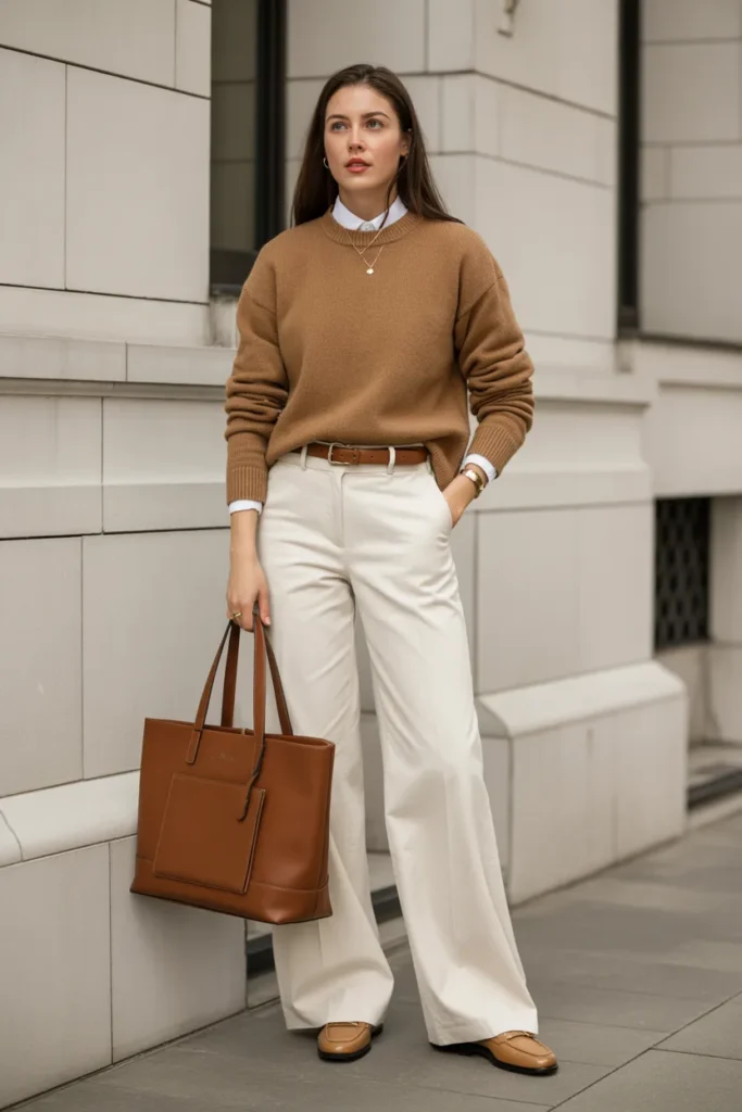 Camel Sweater and White Pants