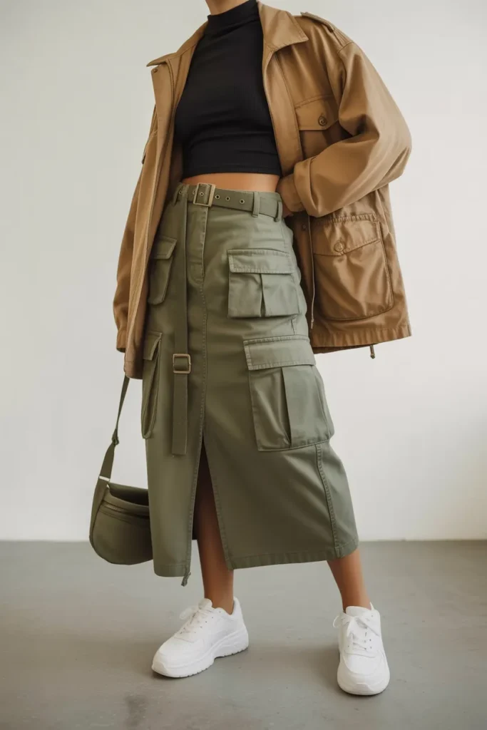 Cargo Midi Skirt with Crop Top and Jacket