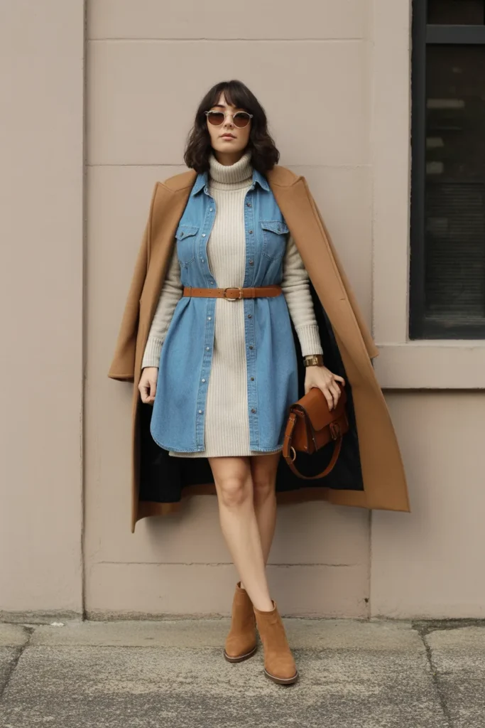 Chambray Shirt Dress Skirt with Sweater