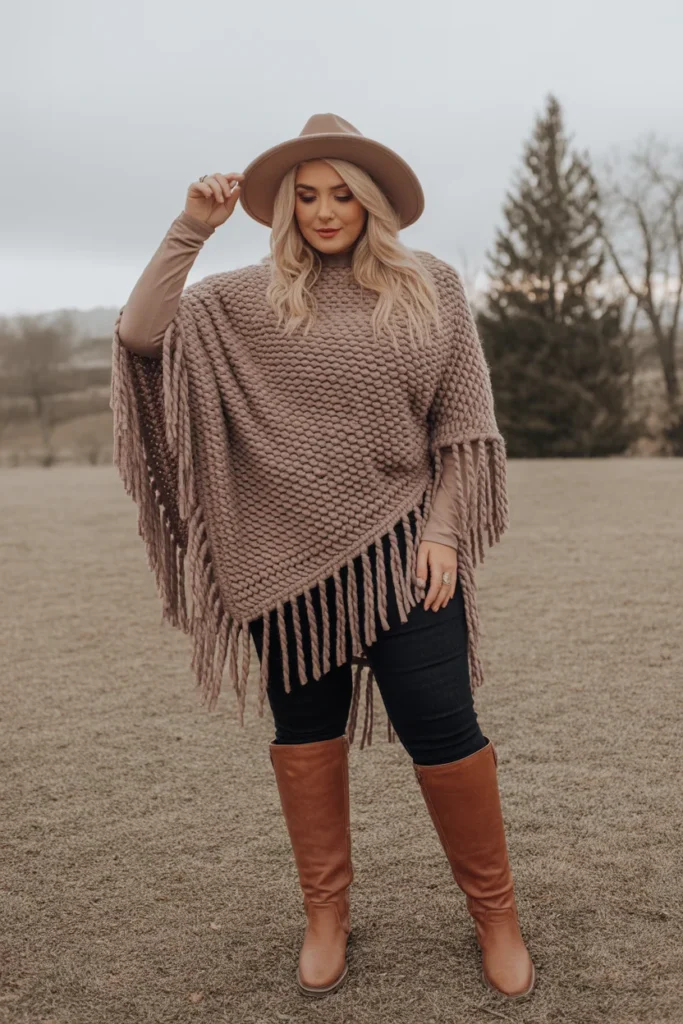  Chunky Knit Poncho with Skinny Jeans
