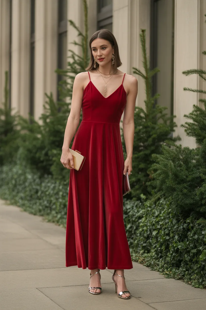 About Classic Red Velvet Dress With Gold Accessories