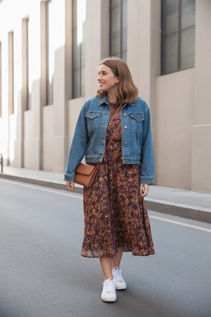 Denim Jacket Over Floral Midi Dress