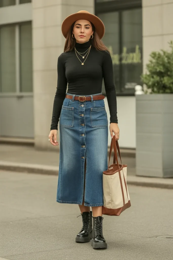  Denim Midi Skirt with Combat Boots
