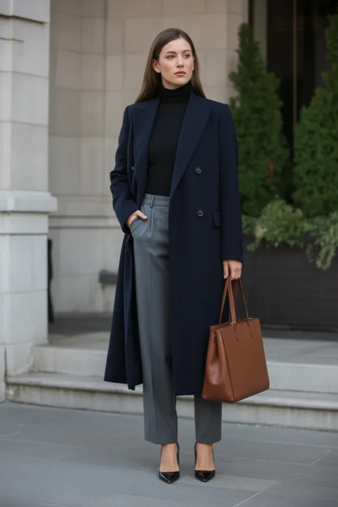  Double-Breasted Coat with Turtleneck and Trousers