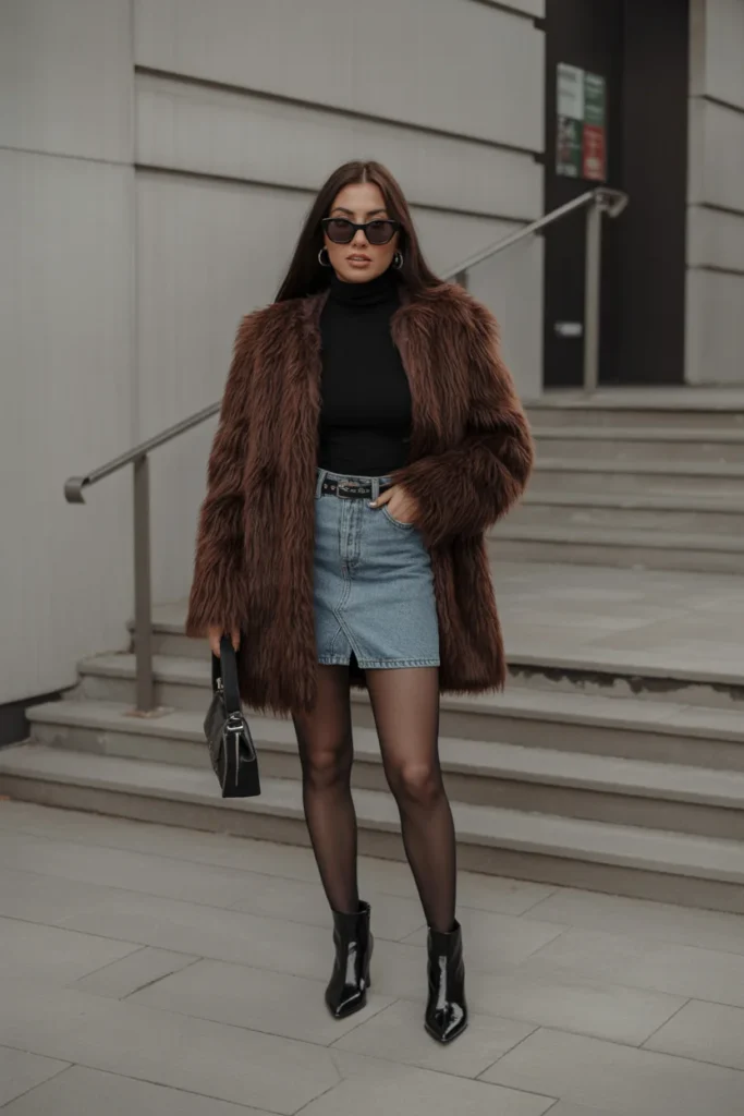 . Faux Fur Coat with Denim Mini Skirt