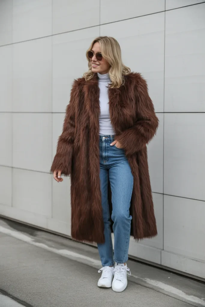 Faux Fur Coat with Denim and Sneakers
