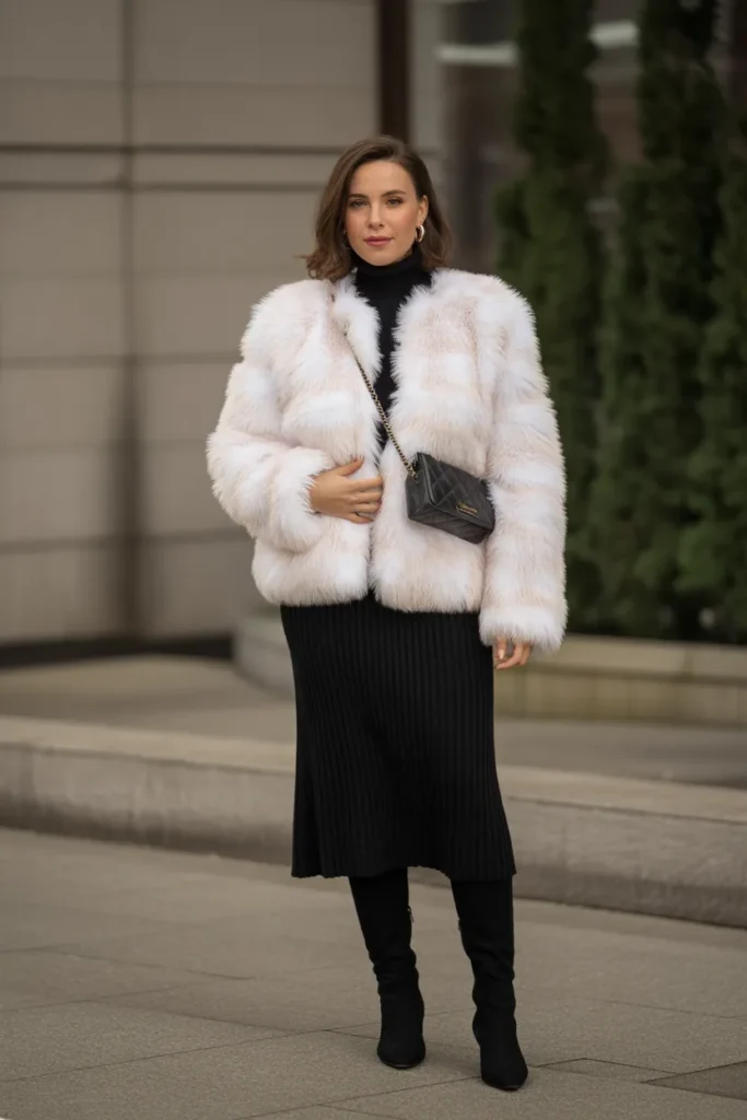 Faux Fur Jacket with Midi Skirt