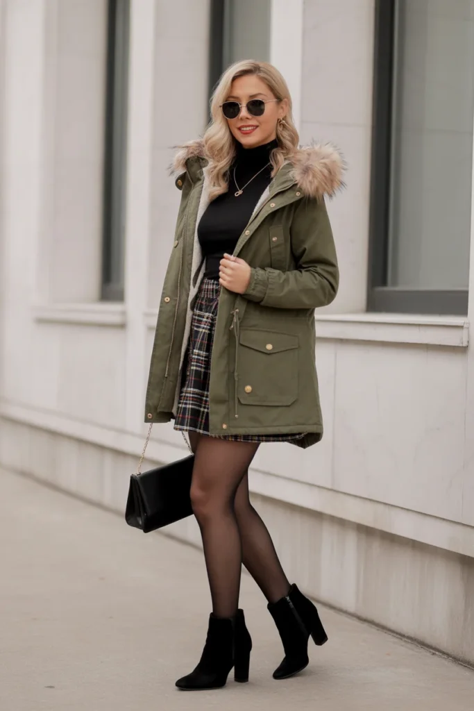 Faux Fur Trim Parka with Skirt