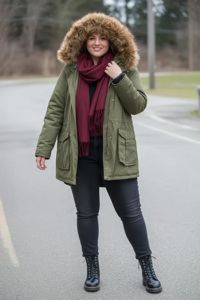  Faux Fur Trimmed Parka with Jeans